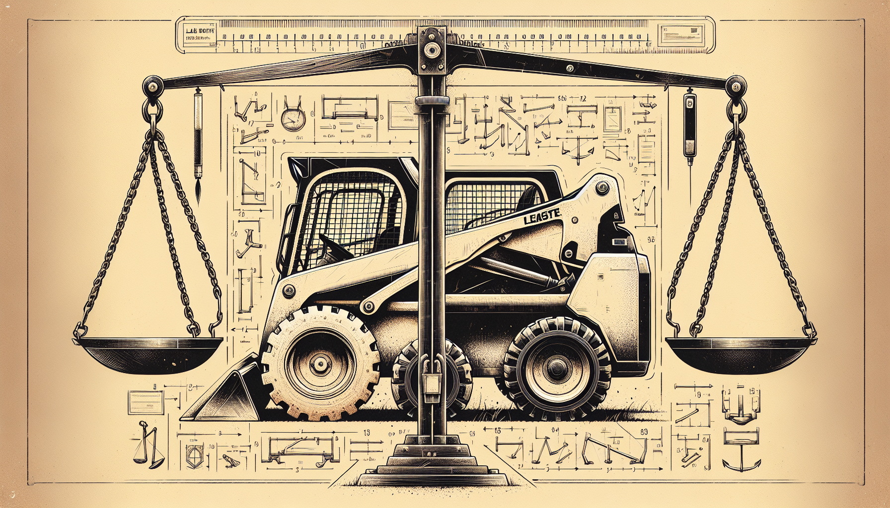 Line-art illustration comparing buying a used skid steer versus leasing a new one, with a balance scale weighing cost factors