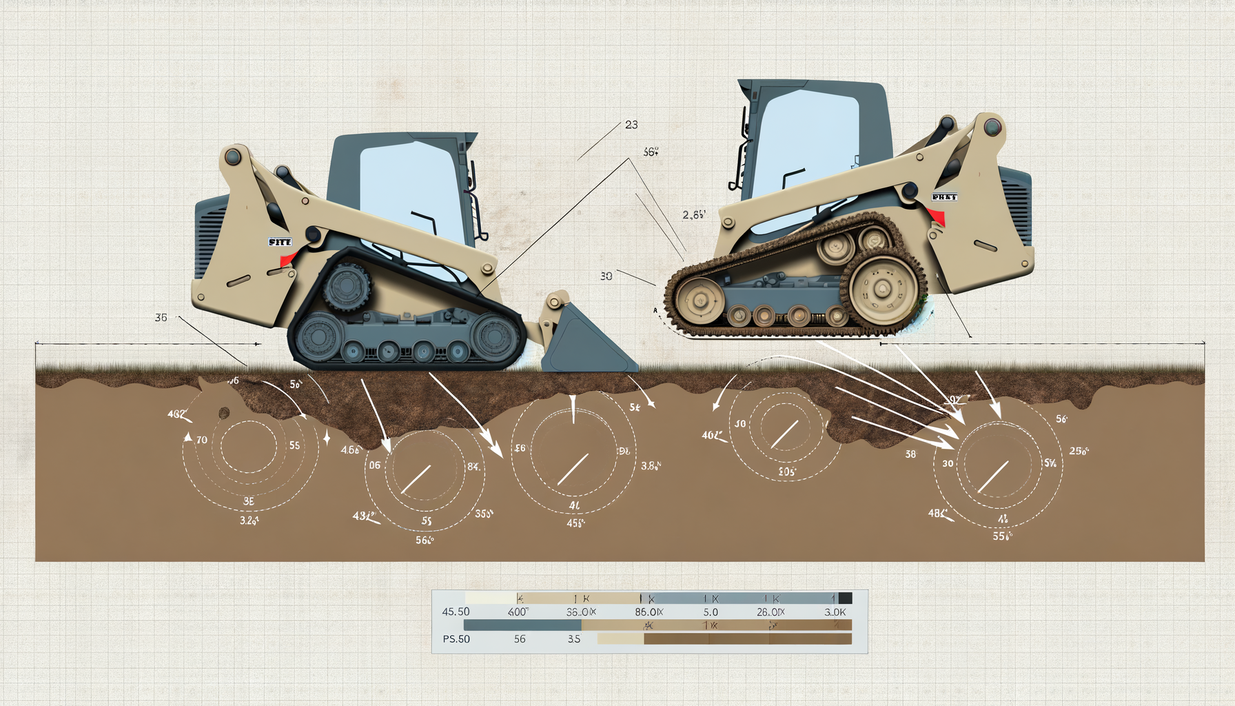 Technical diagram comparing ground pressure distribution between a compact track loader and wheeled skid steer on soft terrain