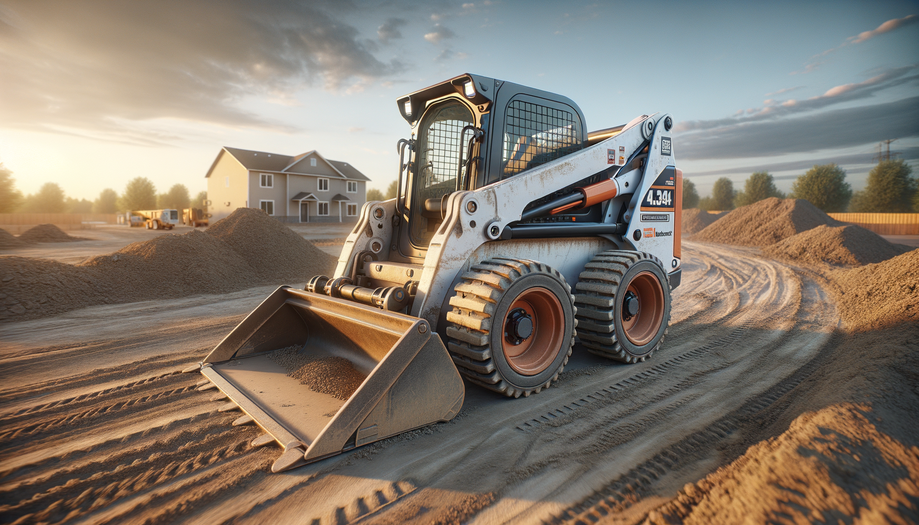 Used Bobcat skid steer for sale on a construction jobsite with bucket attachment