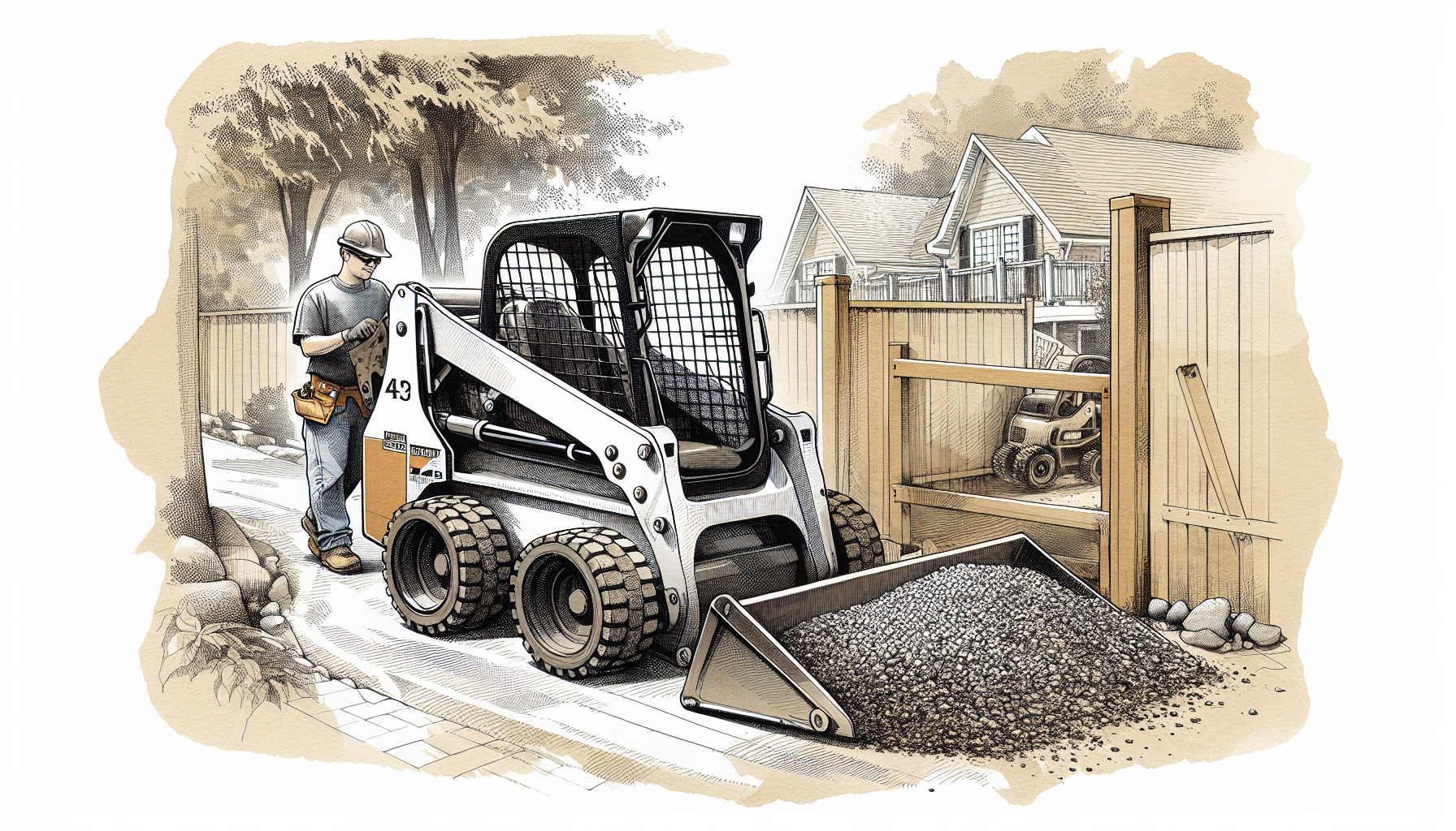 Hand-drawn illustration of a mini skid steer loader on a residential job site with operator standing on the platform