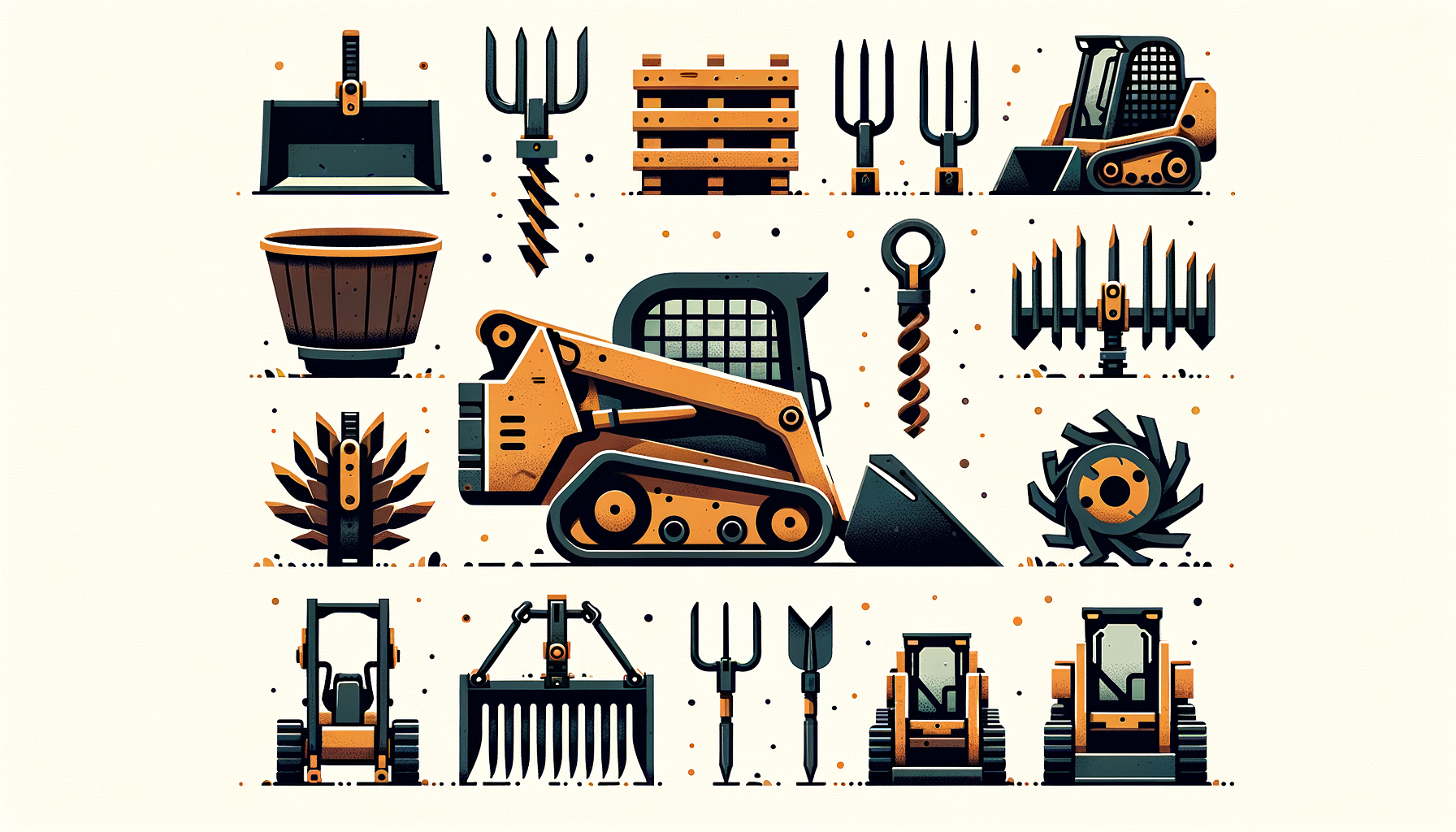 Flat vector illustration of seven used skid steer attachments including bucket, pallet forks, auger, grapple, brush cutter, trencher, and snow pusher