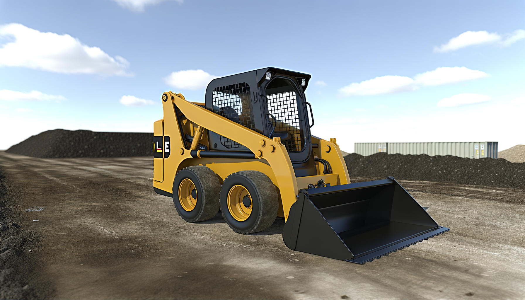 Used Caterpillar skid steer loader on a construction jobsite with bucket raised