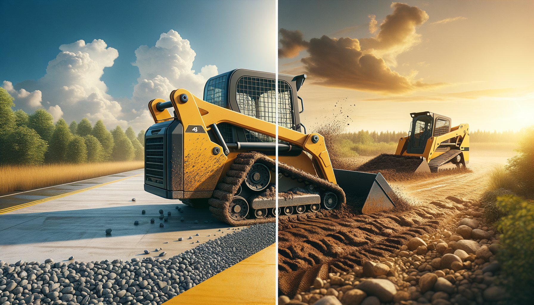 Wheeled skid steer on concrete compared to compact track loader on muddy terrain — visual comparison for used equipment buyers
