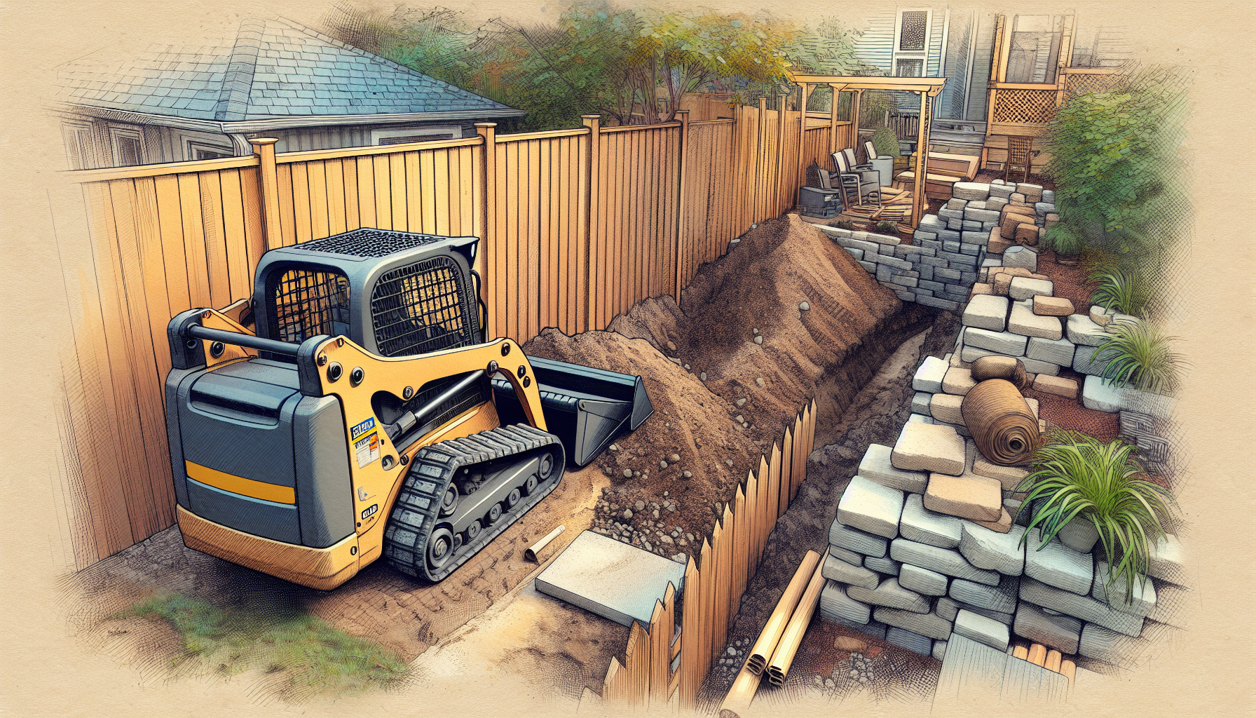 Hand-drawn illustration of a mini skid steer loader fitting through a backyard gate on a residential landscaping job