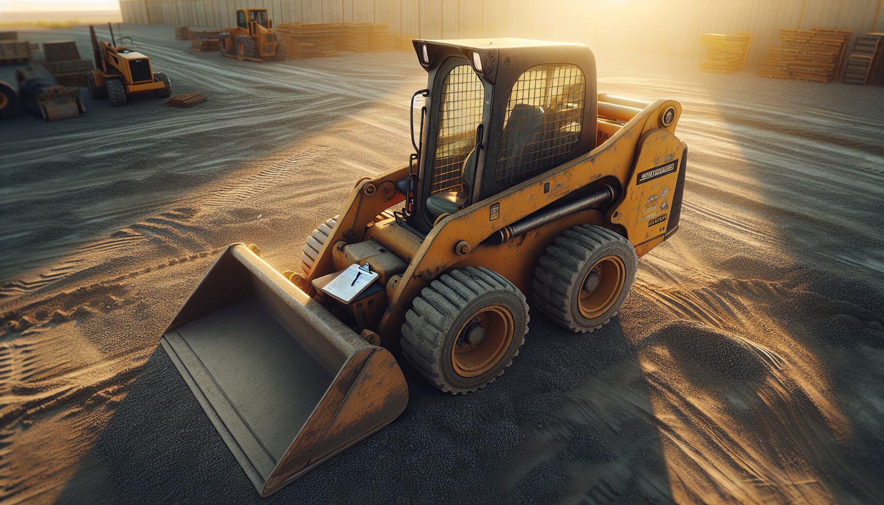 Used skid steer for sale on a construction lot ready for buyer inspection