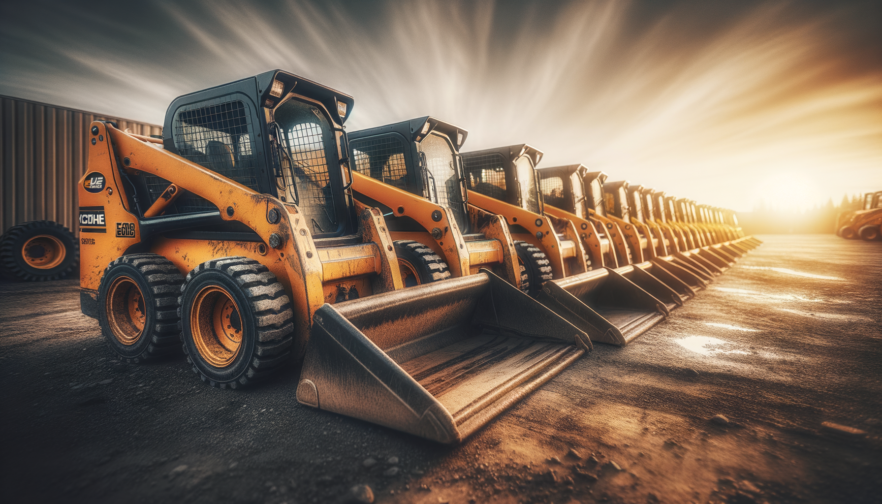 Row of used Bobcat skid steer loaders at an equipment yard