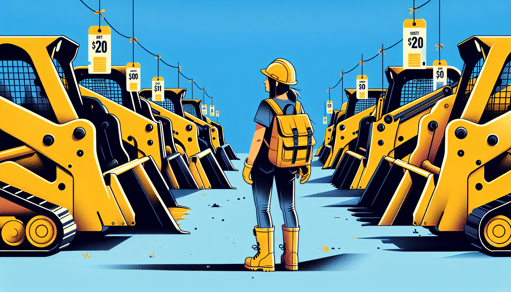 Worker browsing a row of used skid steer loaders for sale at an outdoor equipment lot