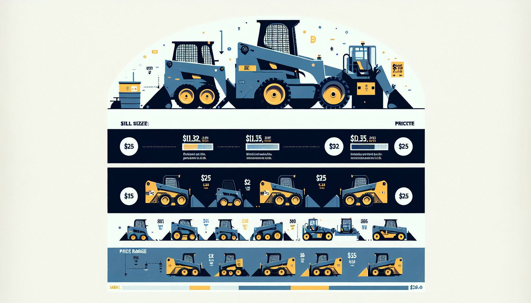 Infographic showing used skid steer loader pricing by size class - small, medium, and large frame machines with price range indicators