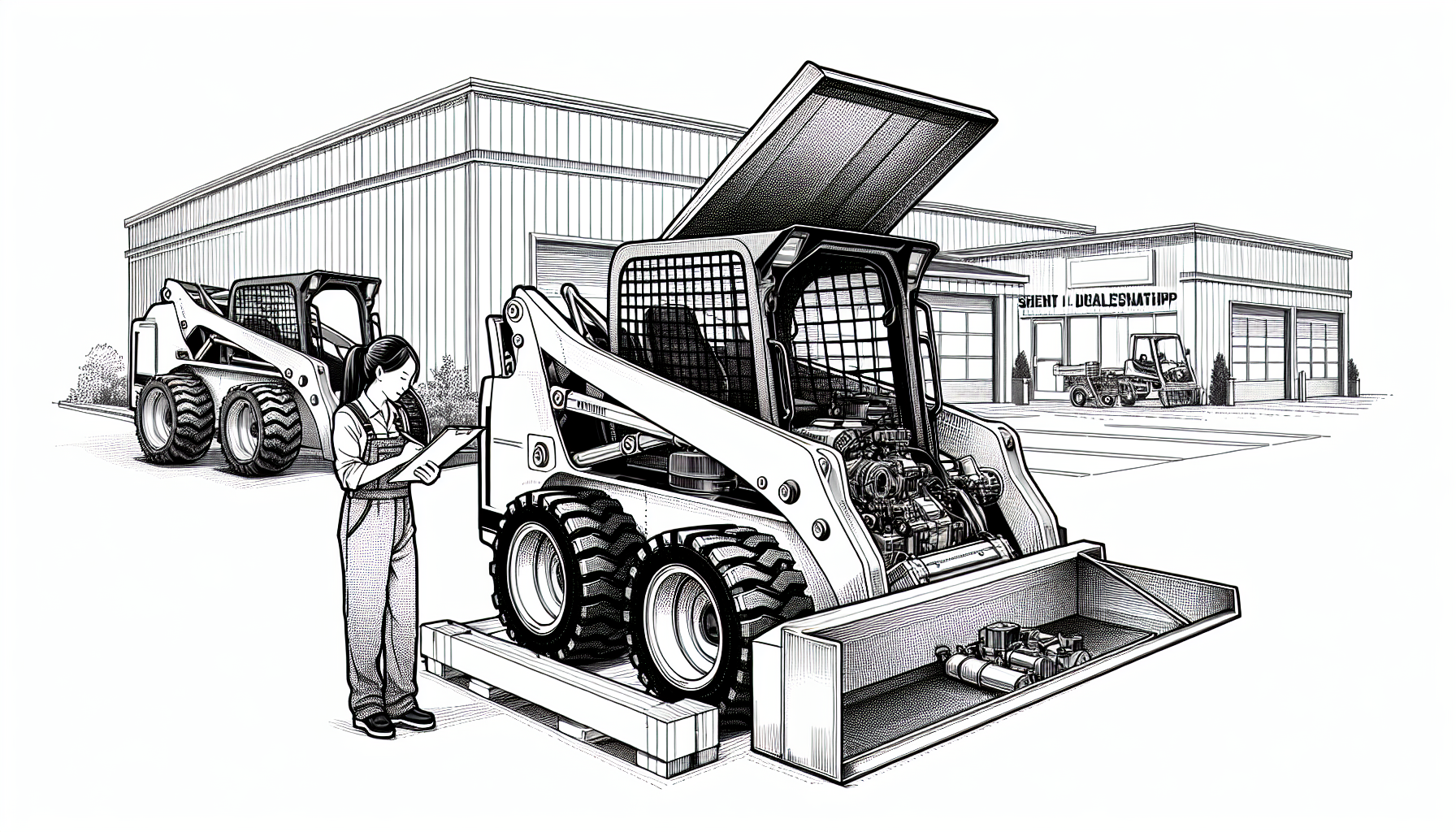 Line art illustration of a buyer inspecting a used skid steer at a dealer lot