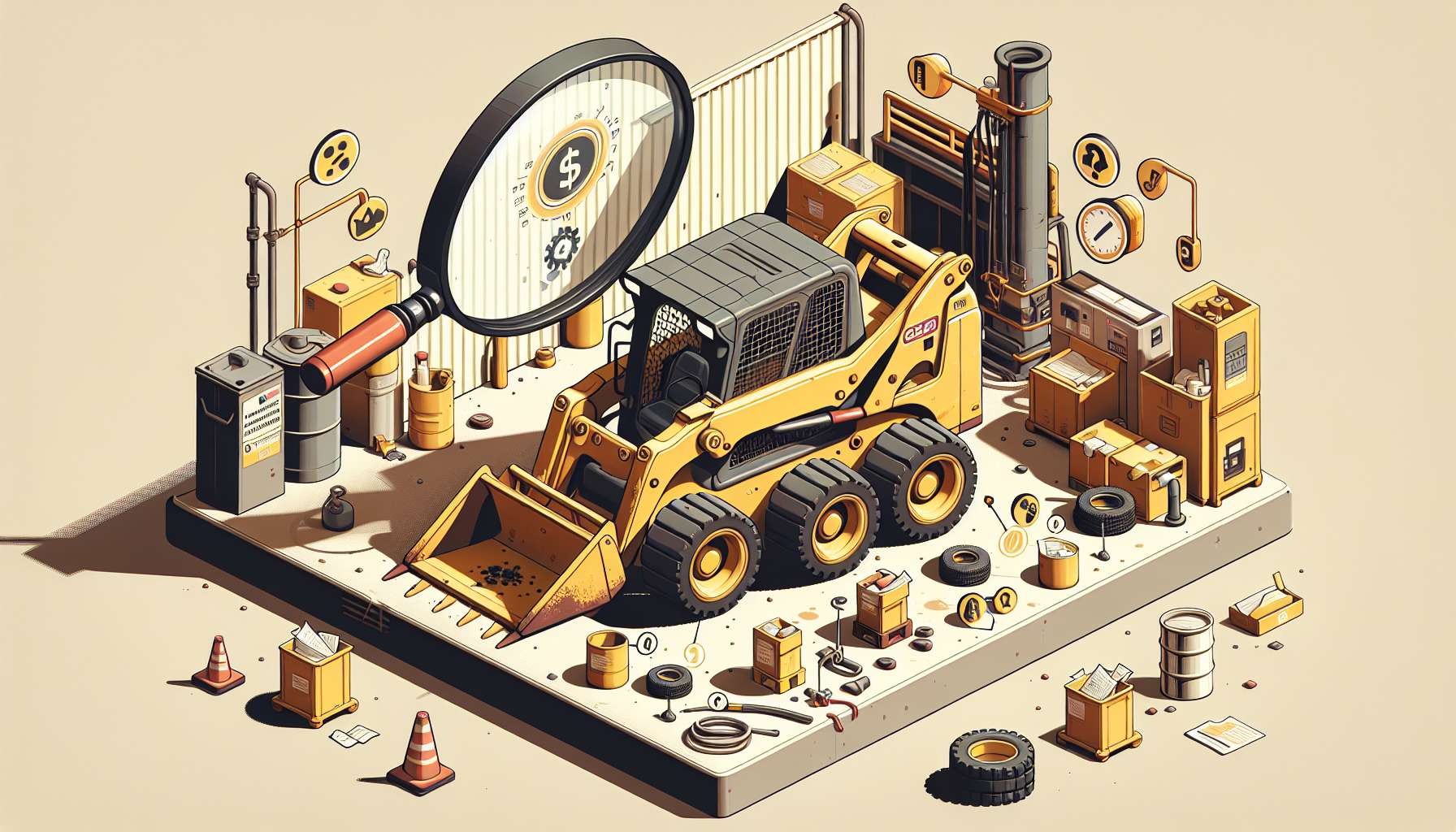 Isometric illustration of a used skid steer loader being inspected with a magnifying glass highlighting common buyer mistakes
