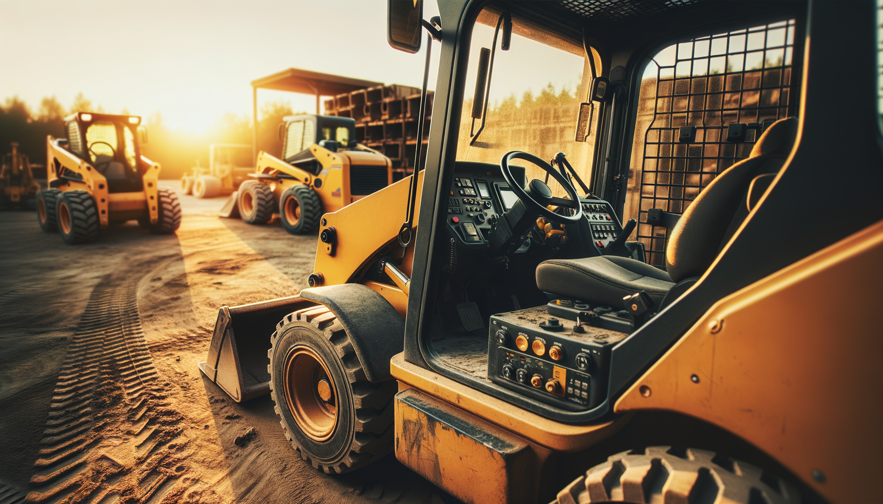 Used yellow skid steer loader parked on a dirt construction site at golden hour with cab door open showing dashboard